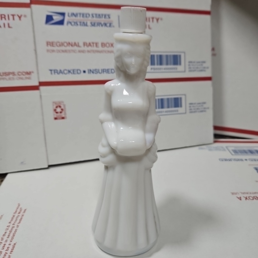Vintage Avon Milk Glass Victorian Woman Bottle 5OZ Birds Of Paradise Empty DECOR